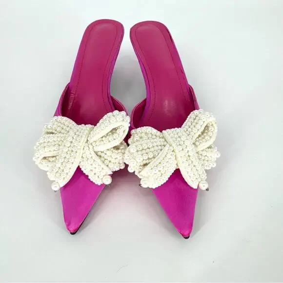 Bright Pink Satin Kitten Heel Mules with Pearl Bow Size 39 - Picture 2 of 8